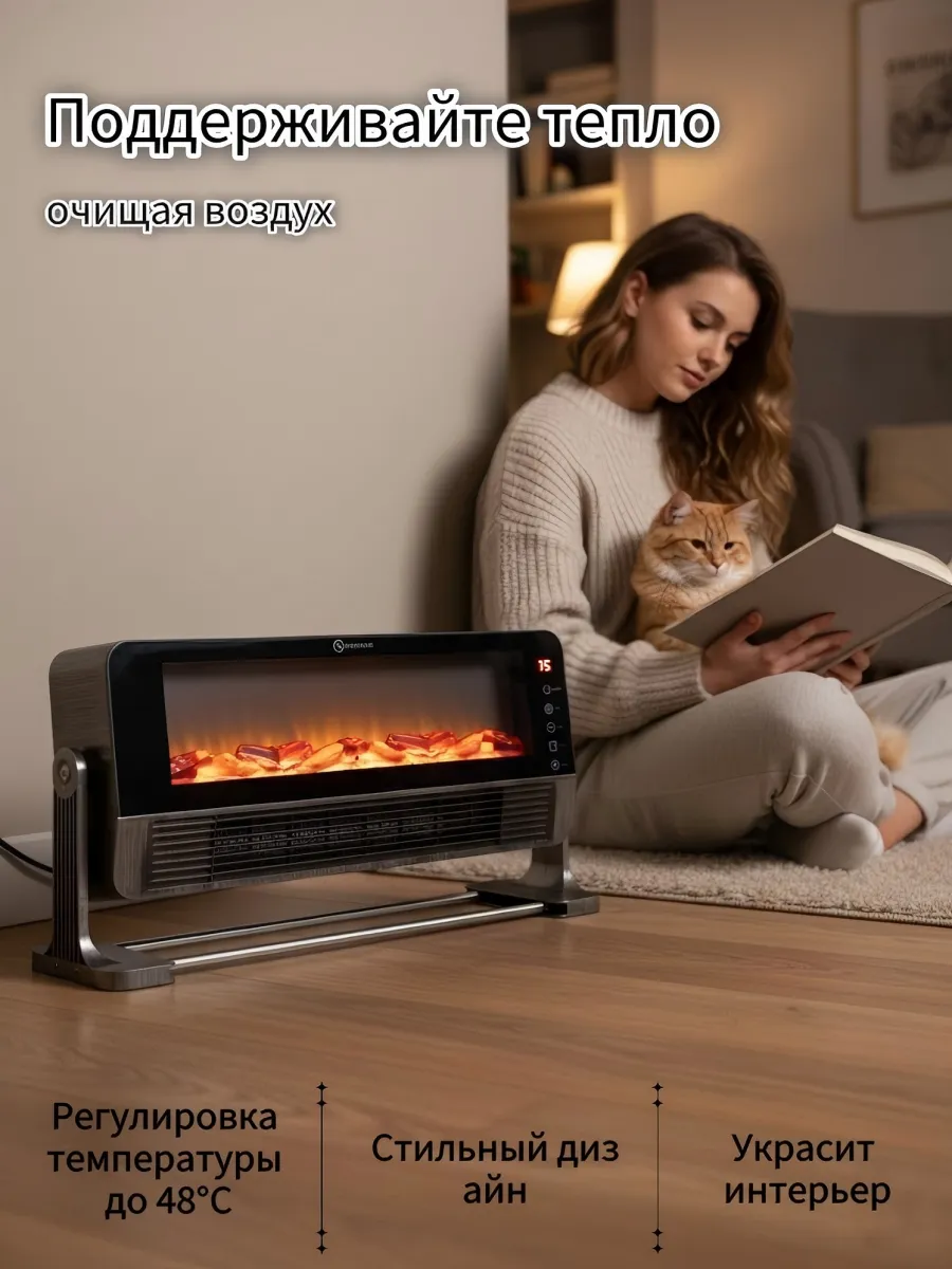 Обогреватель камин электрический с Bluetooth и Пламенем